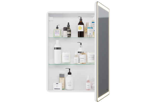 Зеркальный шкаф Dreja Point 60, 1 дверца, 2 стеклянные полки, бесконтактный выкл, LED-подсветка, с розеткой, белый