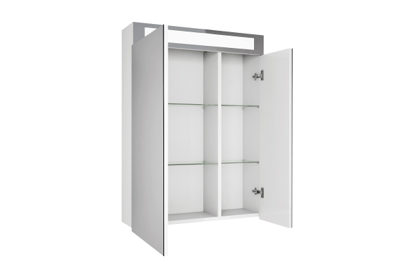 Зеркальный шкаф Dreja Uni, 60 см, 2 дверцы, 4 стеклянные полки, с подсветкой и выключателем, белый