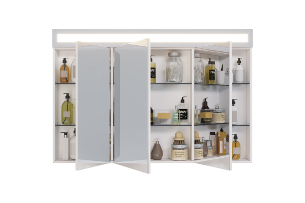 Зеркальный шкаф Dreja Uni, 120 см, 3 дверцы, 6 стеклянных полок, с LED-подсветкой и выключателем, белый