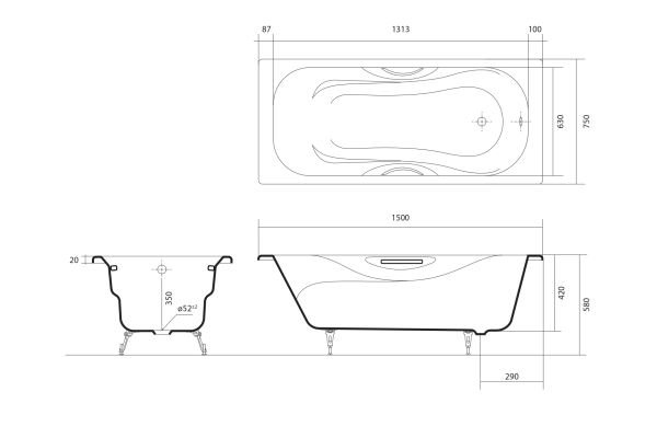 Ванна чугунная эмалированная Гамма 150x75 в комплекте с 4-мя ножками, Aquatek