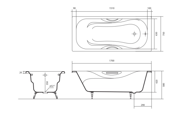 Ванна чугунная эмалированная Гамма 170x75 в комплекте с 4-мя ножками, Aquatek