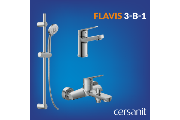 Комплект Cersanit Flavis 3 в 1 смеситель для ванны Flavis смеситель для раковины Flavis душевая стойка Vibe