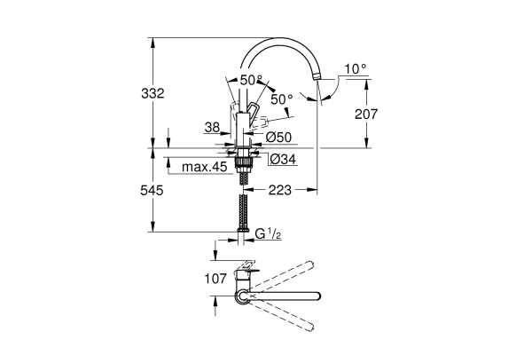Смеситель для кухни Grohe BauLoop 31232001 с высоким C-образным изливом, хром