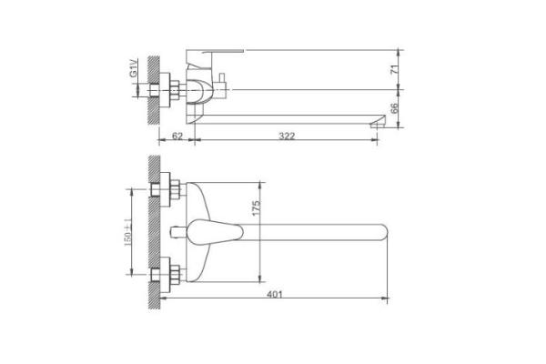 Смеситель для ванны Haiba HB22801-2 из нержавеющей стали с длинным изливом и переключателем в корпусе