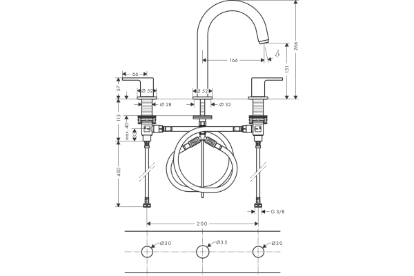 Смеситель для раковины Hansgrohe Vernis Shape на 3 отверстия, со сливным гарнитуром 71563670, чёрный