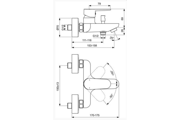 Смеситель настенный для ванны и душа Ideal Standard Cerafine O BC500AA