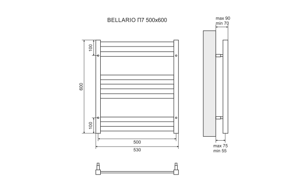 Полотенцесушитель электрический Lemark Bellario П7 LM68607EBL 500x600, левый/правый, черный
