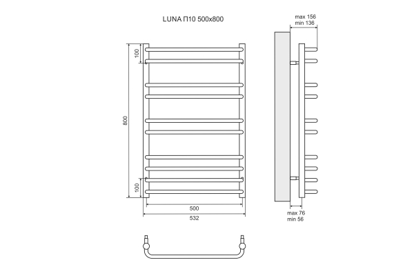 Полотенцесушитель электрический Lemark Luna LM41810E П10 500x800, левый/правый