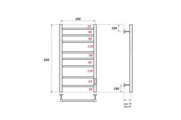 Полотенцесушитель электрический Point Аврора PN10848 П8 400x800 диммер справа, хром