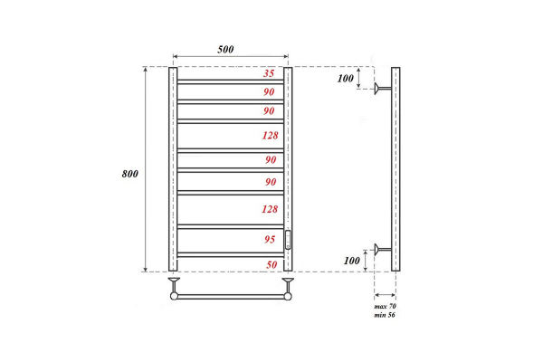 Полотенцесушитель электрический Point Аврора PN10858 П8 500x800 диммер справа, хром