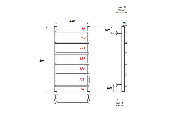 Полотенцесушитель электрический Point Ника PN08848 П6 400x800 диммер справа, хром