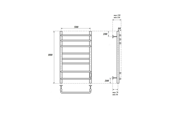 Полотенцесушитель электрический Point Сатурн PN90858B П8 500x800 диммер справа, черный
