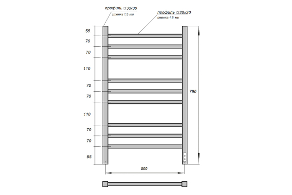 Полотенцесушитель электрический Point Вега PN71858B П9 500x800, диммер справа, черный