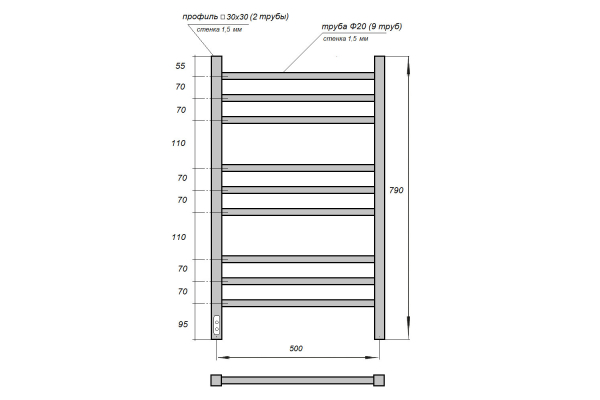 Полотенцесушитель электрический Point Веста PN70758W П9 500x800, диммер слева, белый