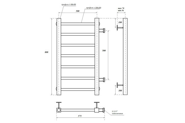 Полотенцесушитель водяной Point Вега PN71558 П7 500x800 с боковым подключением 500, хром