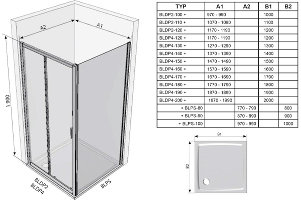Душевая дверь Ravak раздвижная двухэлементная Blix BLDP2-120 блестящий+транспарент