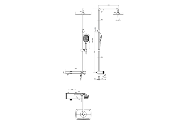 Душевая система Cersanit Vivo (смеситель термостатический кнопочный) с изливом 3 режима шланг 150 PVC квадрат 64089*