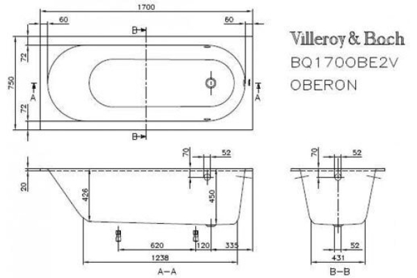 Ванна квариловая Villeroy&Boch Oberon 170х75 с ножками