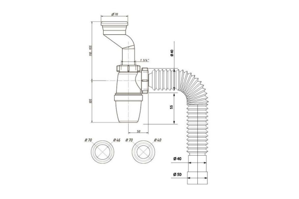 Сифон Wirquin для писсуара 1¼ х 40 мм с манжетами D40/46 мм и гибким соединением 40/50 мм