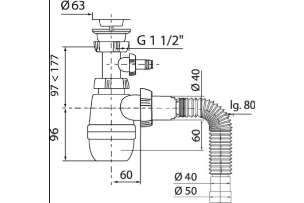 Сифон Wirquin Минор для раковины с выпуском 1¼ х 40 мм с отводом и с гофротрубой L800 мм, 40х40/50