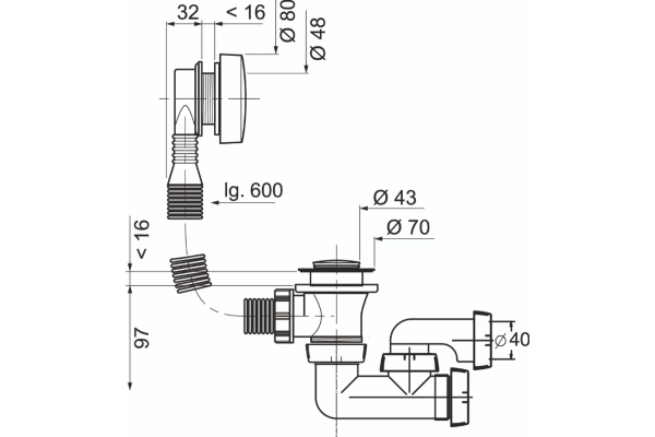 Слив-перелив Wirquin SP5603 c сифоном Перископ полуавтомат, L600 мм, хром