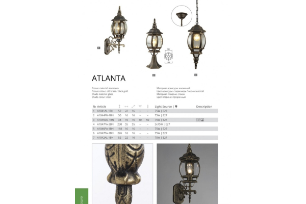 Уличный Бра Arte Lamp Atlanta A1041AL-1BN