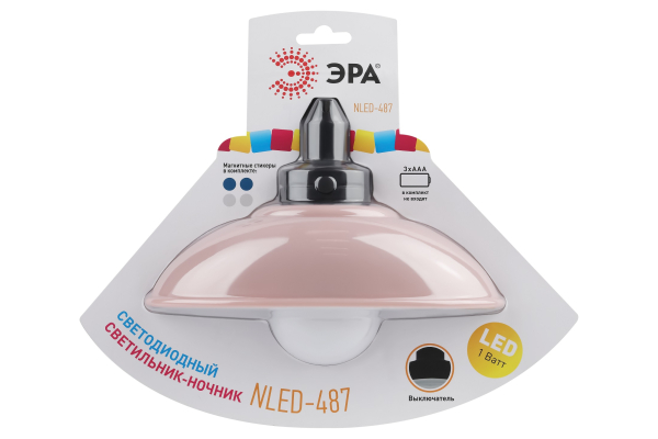 Ночник - светильник светодиодный ЭРА NLED-487-1W-SW-P настенный на батарейках с выключателем розовый