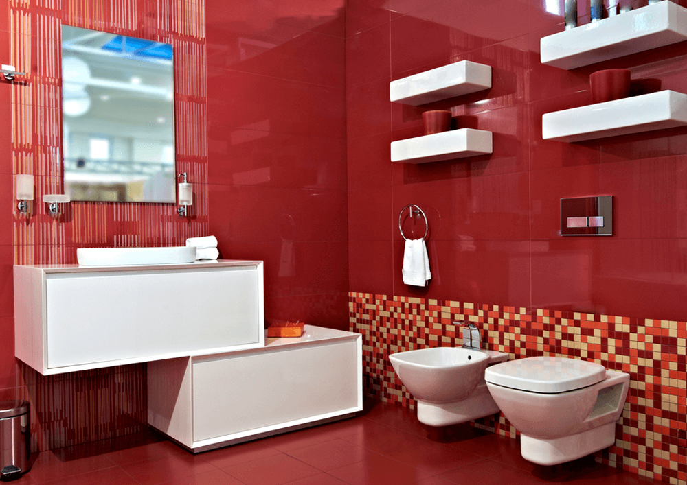 Красная ванная комнаты: дизайн и фото