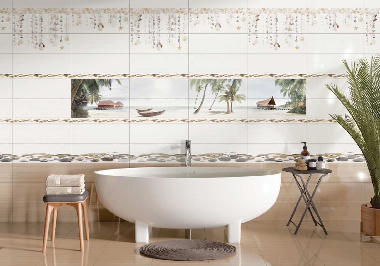 Плиточное панно с тропическим пейзажем в ванной