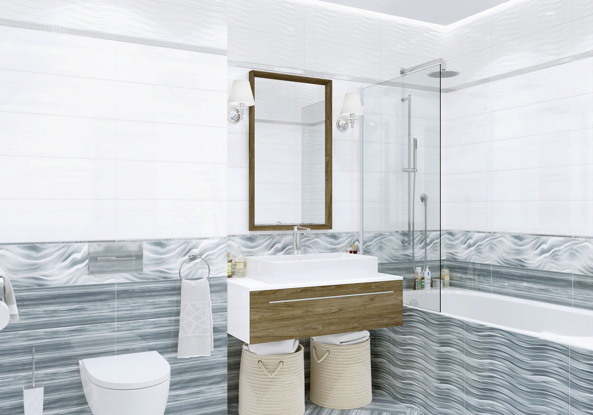 Декор Tori с сине-белыми волнами в интерьере ванной