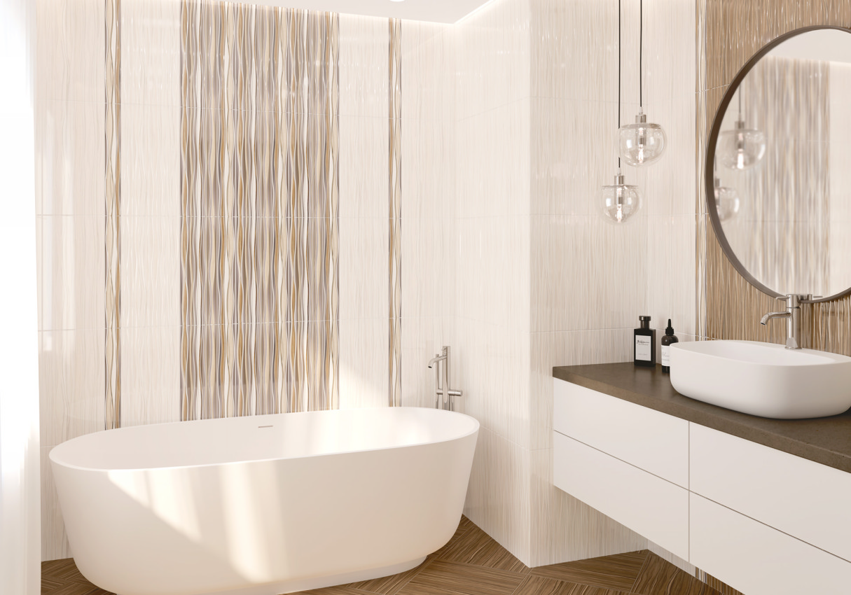 Ванная с бежевой плиткой, декором-панно и овальной ванной