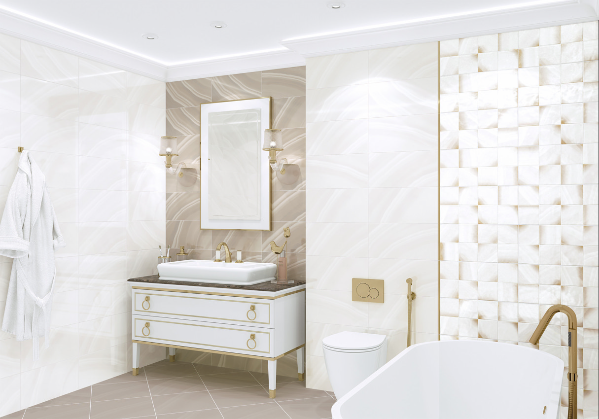 Роскошная ванная с бежевой плиткой под оникс и золотым декором