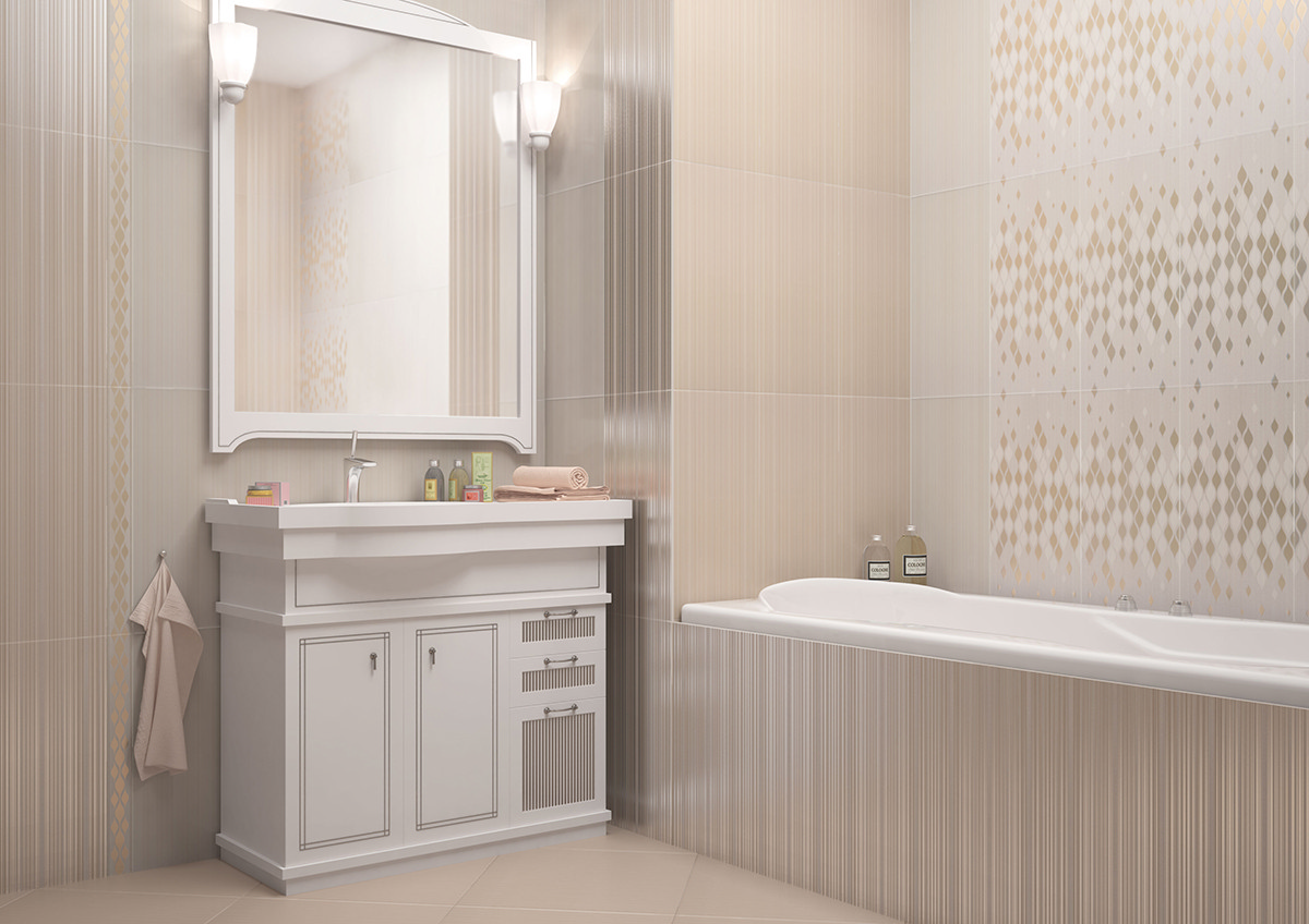 Интерьер ванной: плитка с золотым геометрическим декором