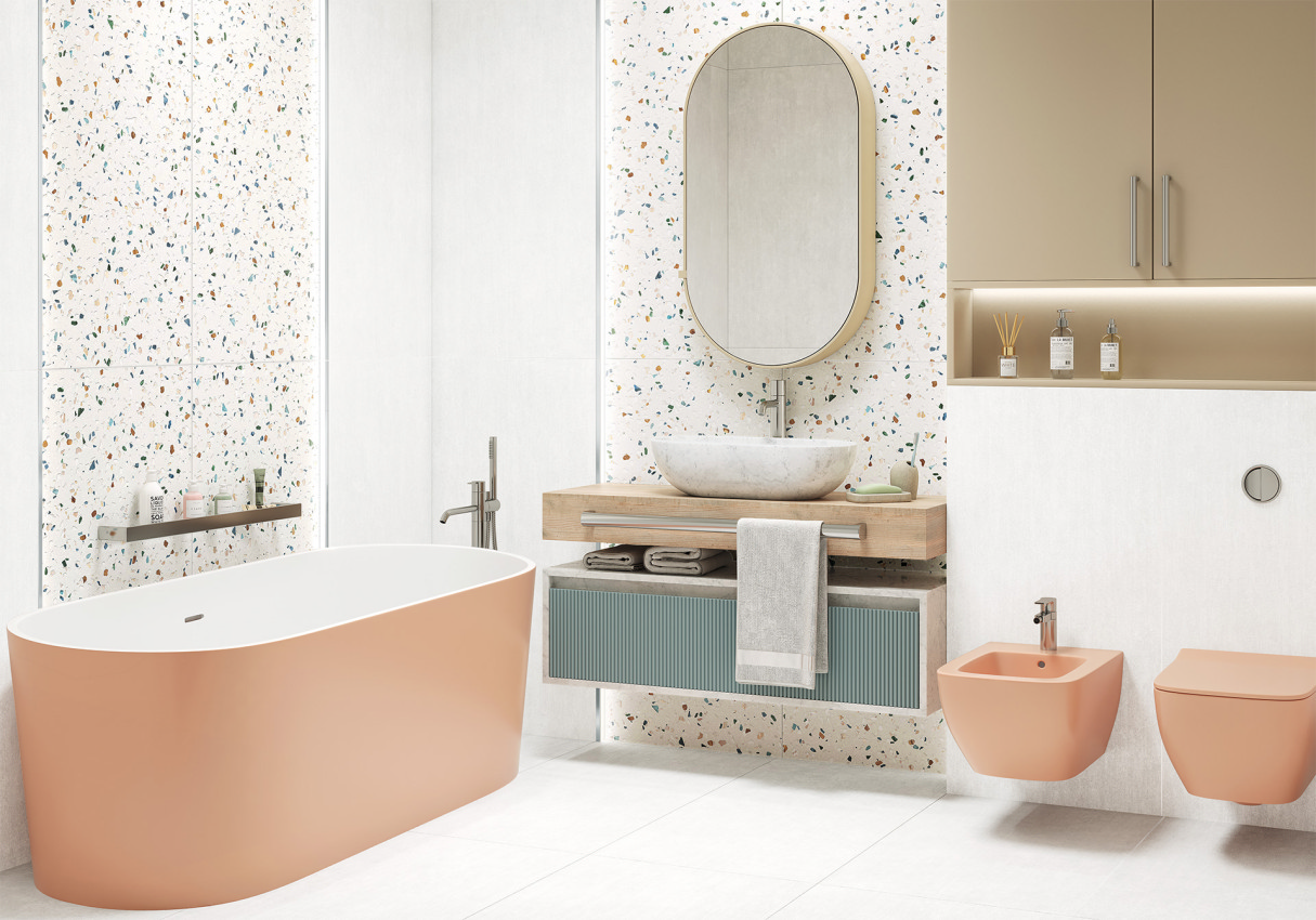 Ванная с терраццо плиткой, персиковой ванной и биде 