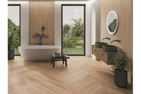 Ванная в природном стиле с панорамными окнами