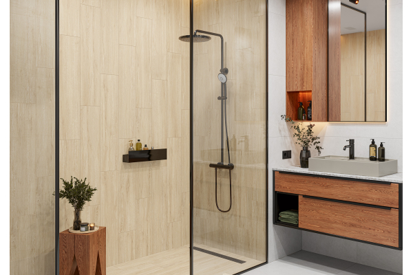 Ванная с плиткой под дерево