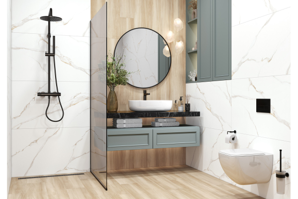 Ванная в светлых тонах с душем и раковиной