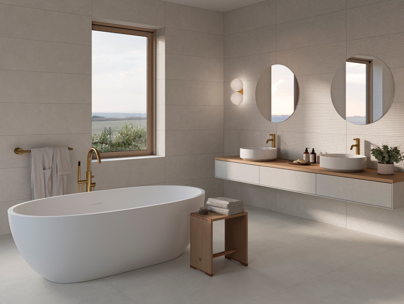 Современная ванная с двойным столиком, белой ванной и окном
