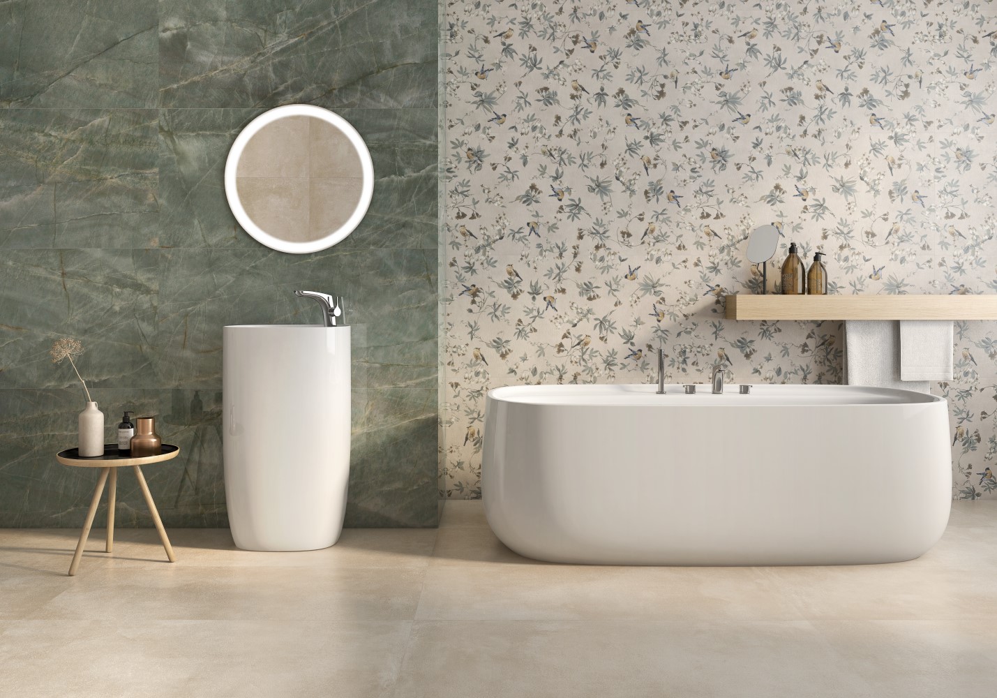 Ванная с круглым зеркалом и зеленой плиткой