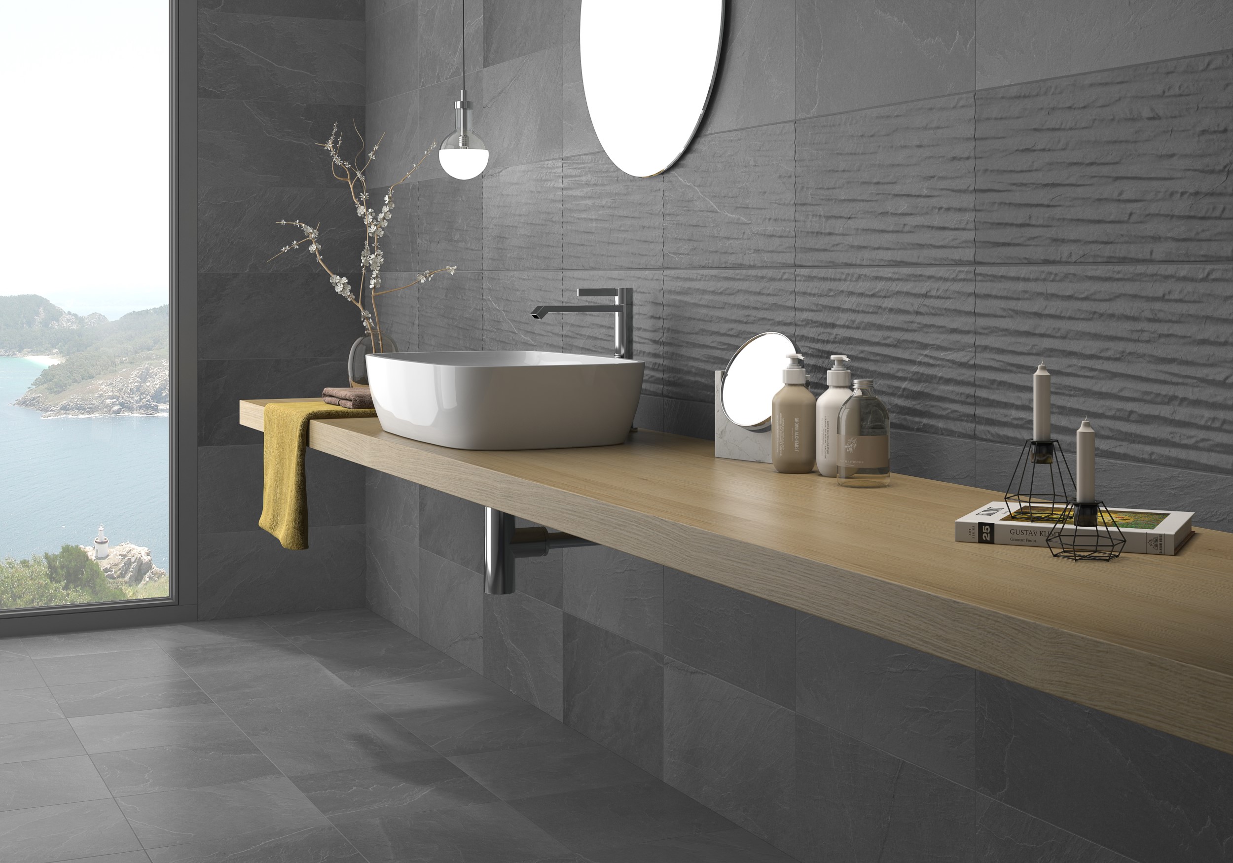 Ванная в серых тонах с панорамным окном