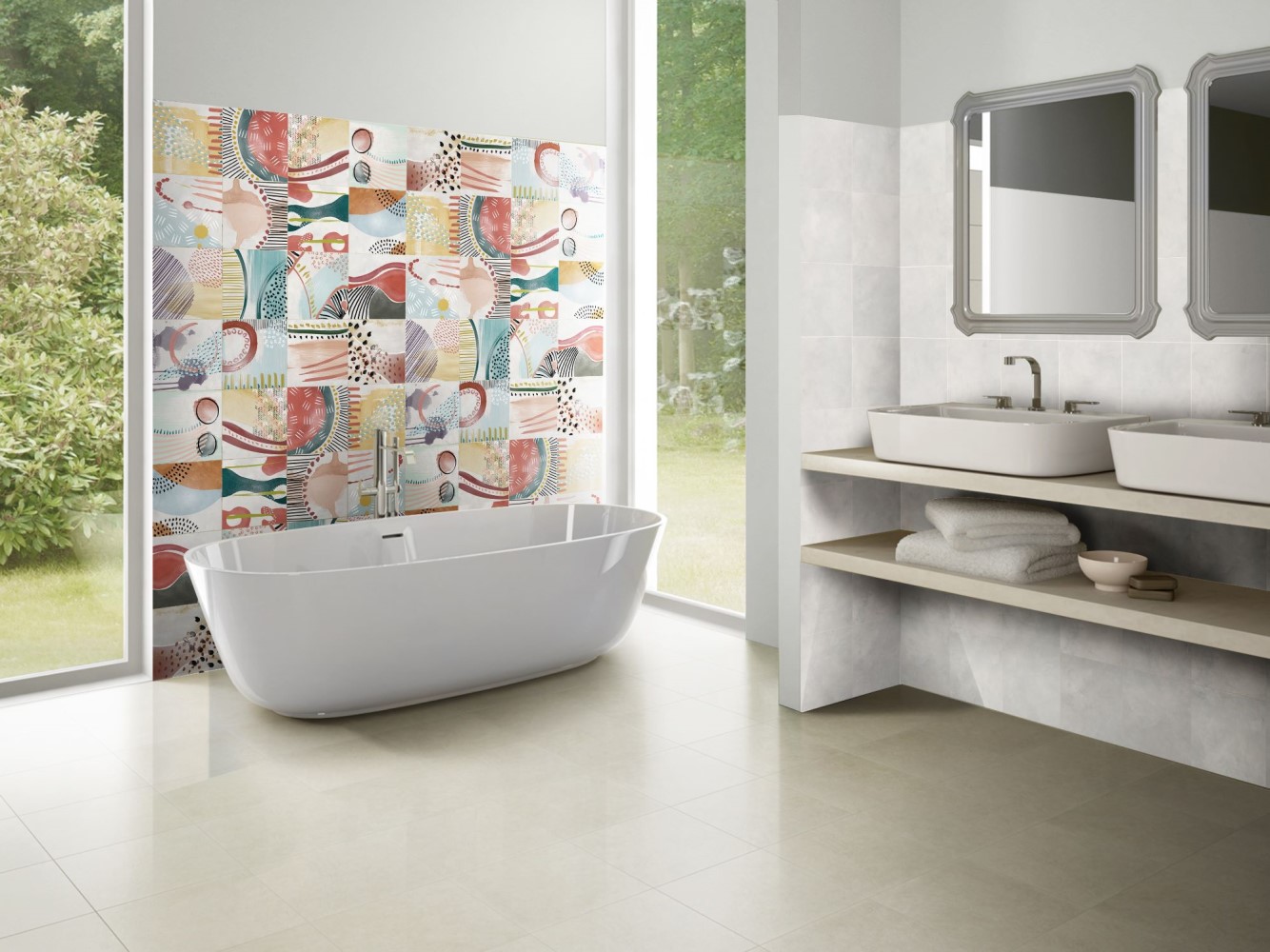 Ванная с акцентной плиткой и панорамными окнами