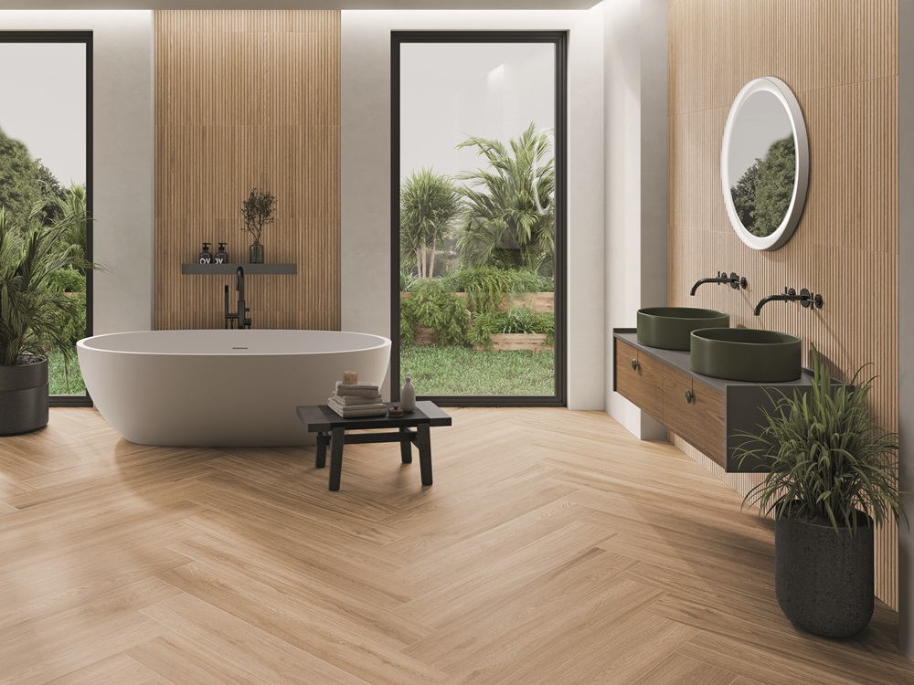 Ванная в природном стиле с панорамными окнами