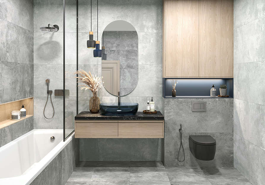 Уютная ванная с серой плиткой и подвесной раковиной