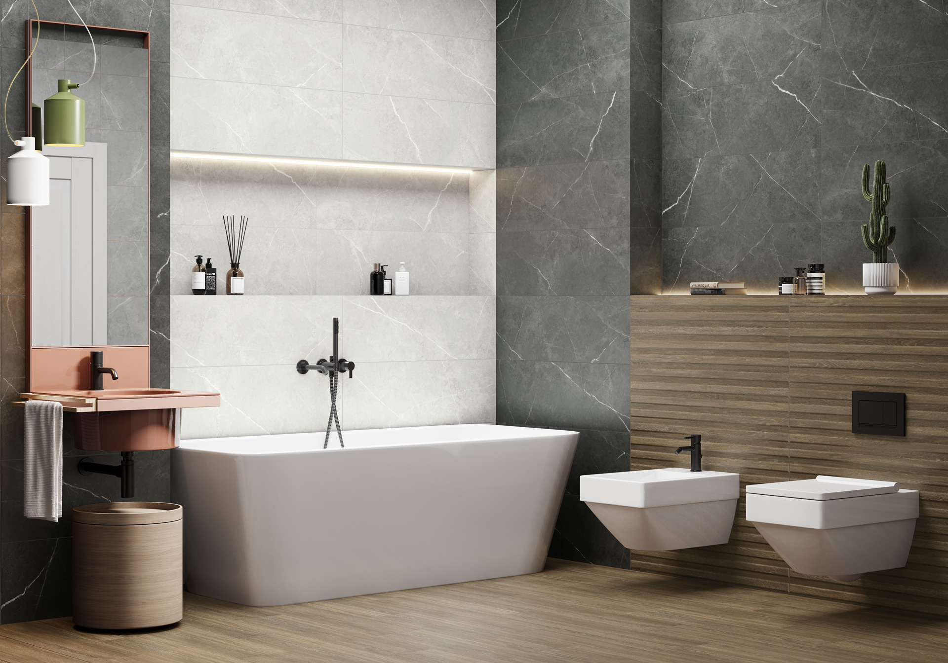 Современная ванная с мраморной плиткой и подсветкой