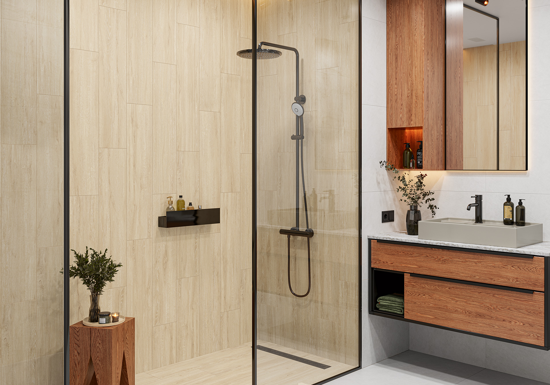 Ванная с плиткой под дерево