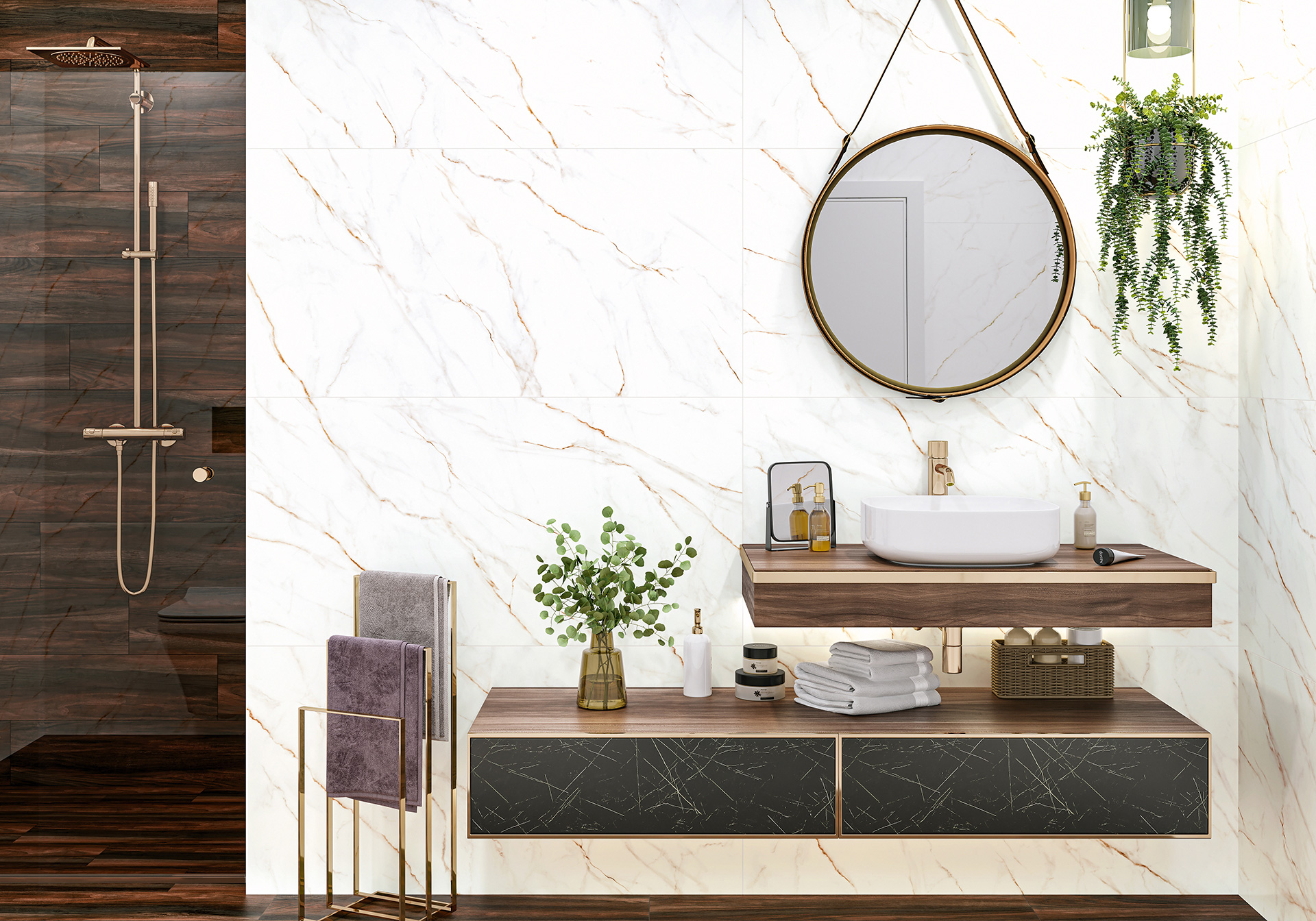 Ванная с мраморной плиткой, душем и круглым зеркалом