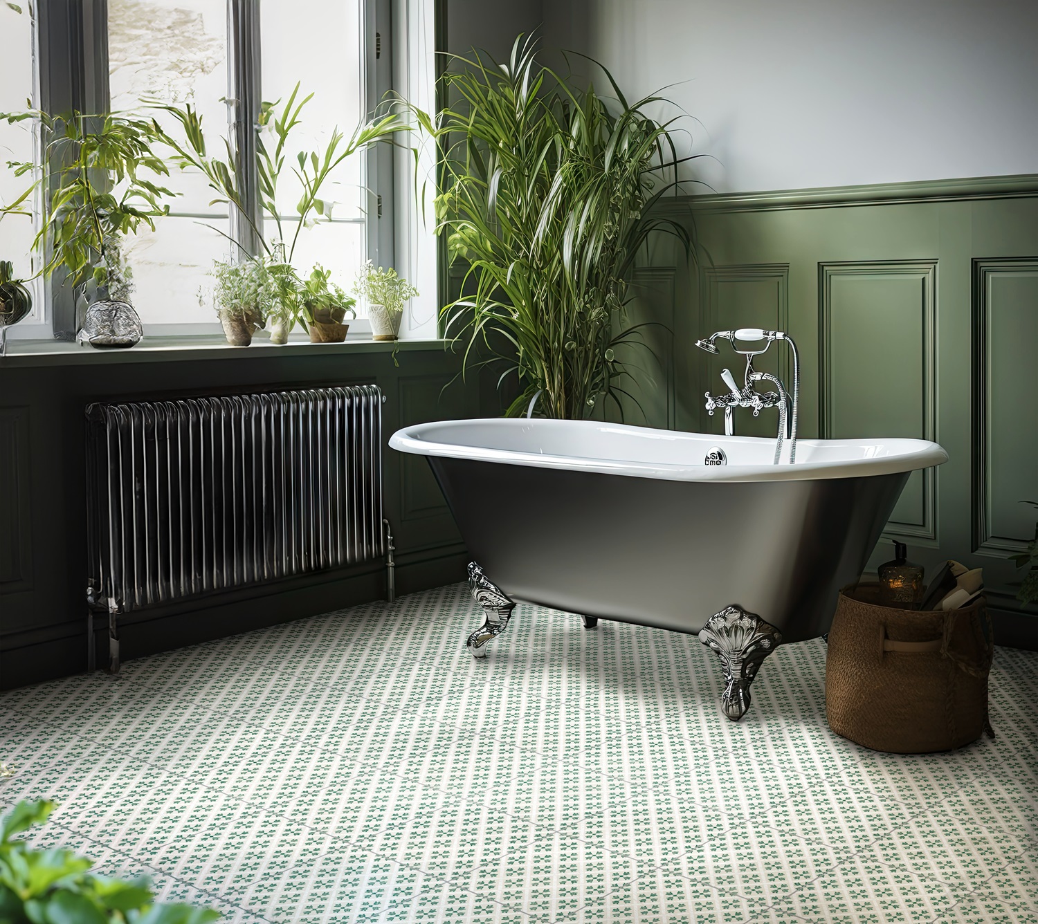 Ванная в зеленых тонах с ванной и растениями