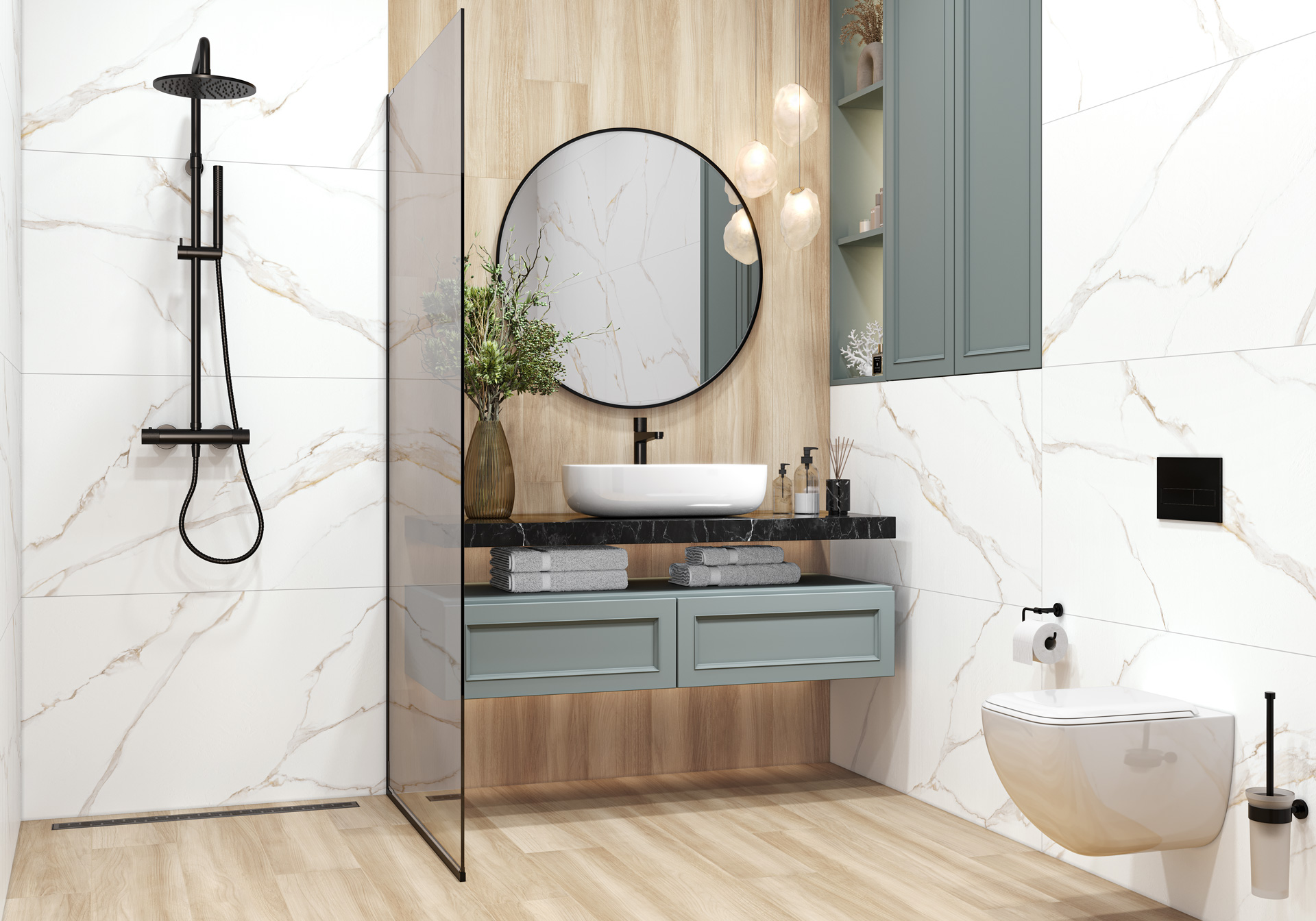 Ванная в светлых тонах с душем и раковиной