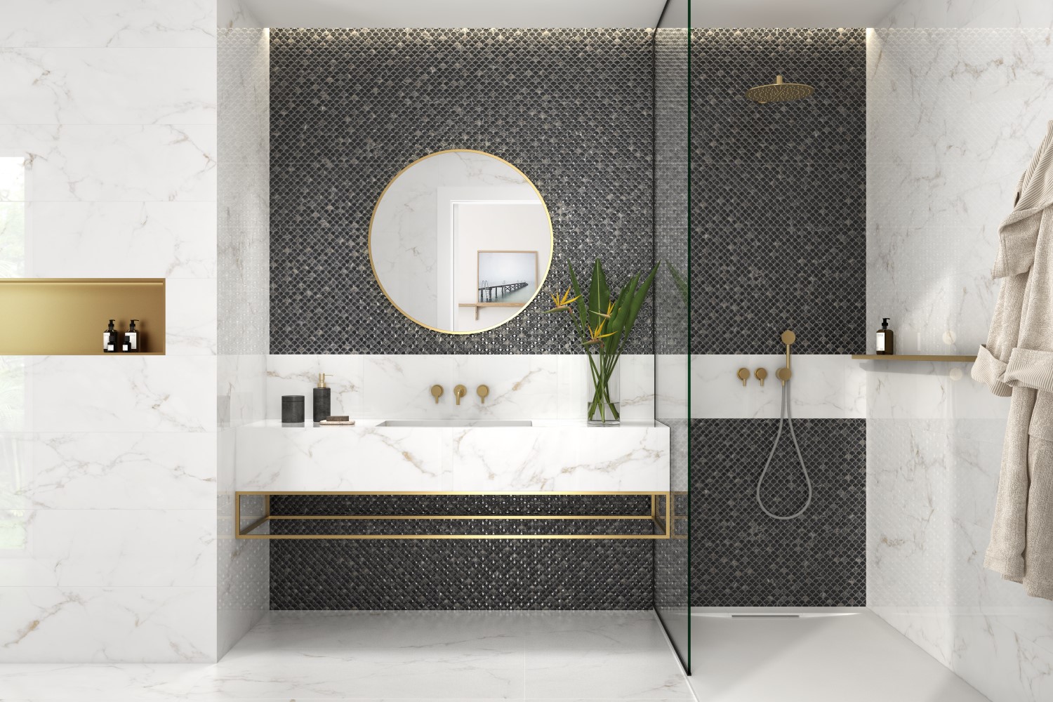 Небольшая ванная с душем и подвесной раковиной