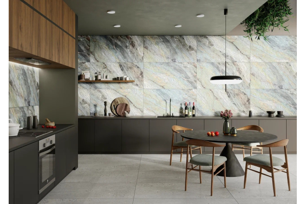 Современная кухня с керамогранитом под мрамор и круглым обеденным столом